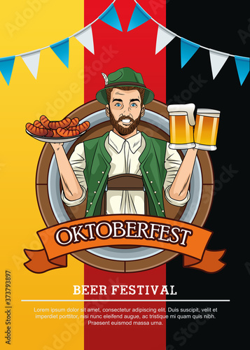 oktoberfest celebration card with german man lifting beers and sausages