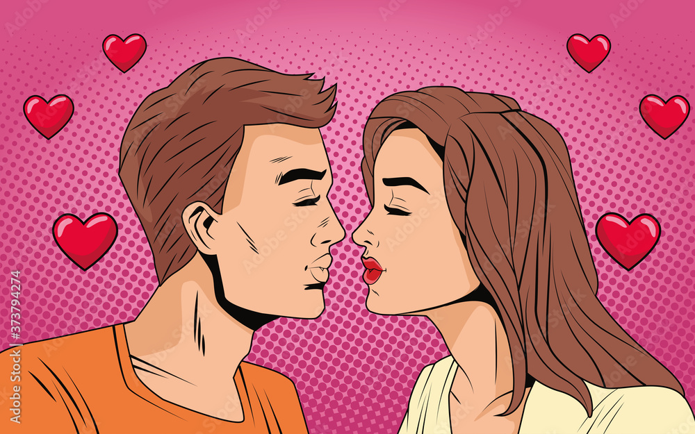 young couple kissing with hearts characters pop art style