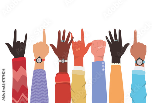 hands up of different types of skins design, diversity people multiethnic race and community theme Vector illustration