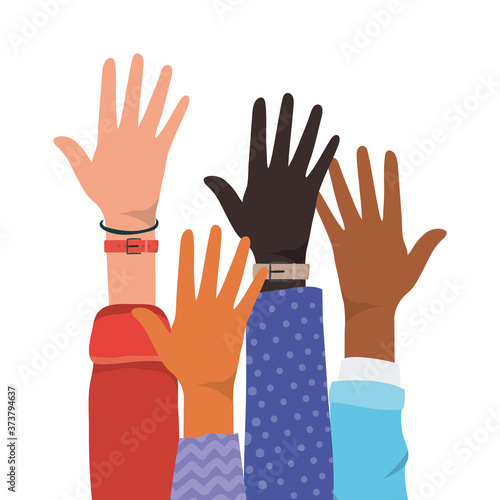 open hands up of different types of skins design, diversity people multiethnic race and community theme Vector illustration