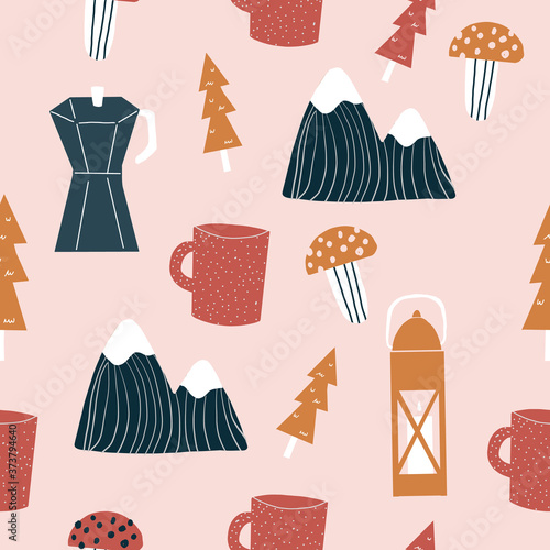 Pink blue gold and red seamless repeat hand drawn camping adventure outdoors mountain pattern
