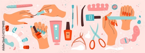 Set of manicure and nail care icons with assorted tools and accessories, nail lacquer and female hands , colored vector illustration