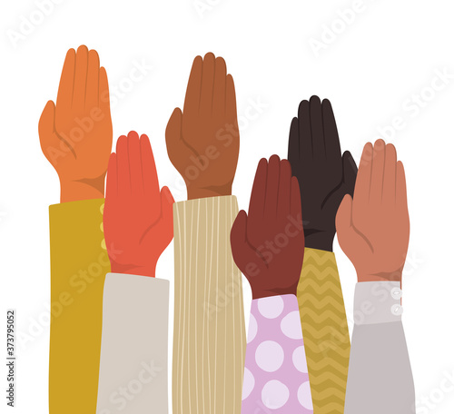 up hands with closed palm of different types of skins design, diversity people multiethnic race and community theme Vector illustration
