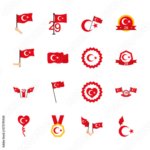 hands holding a turkey flgas and turkey republic icon set, flat style photo