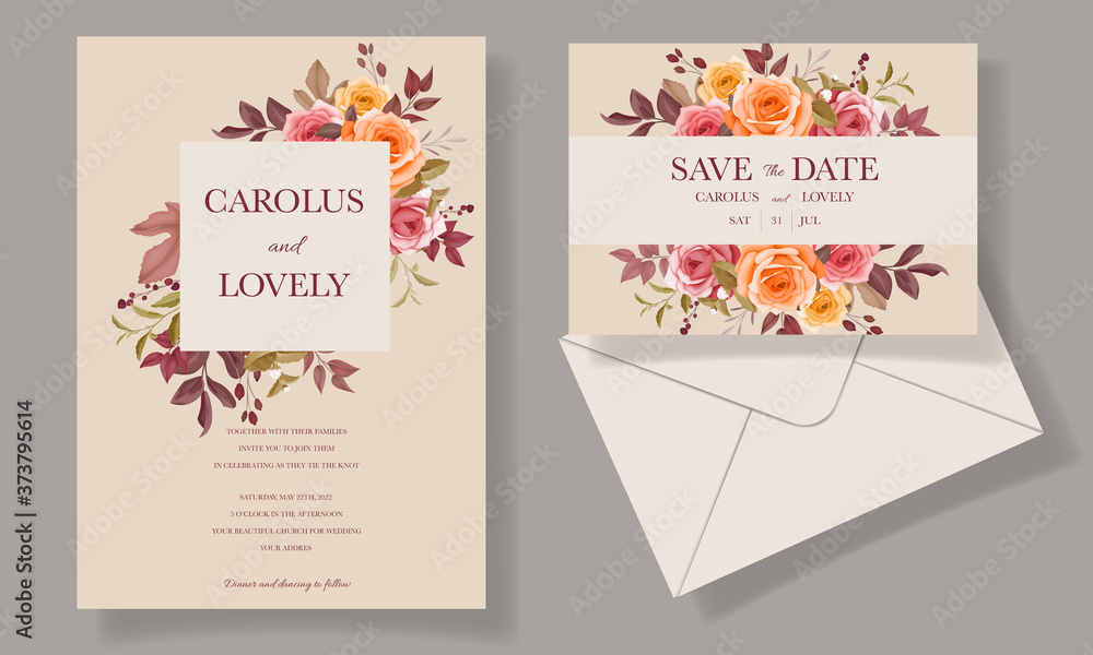 Wedding invitation beautiful hand drawing flower and leaves template set 