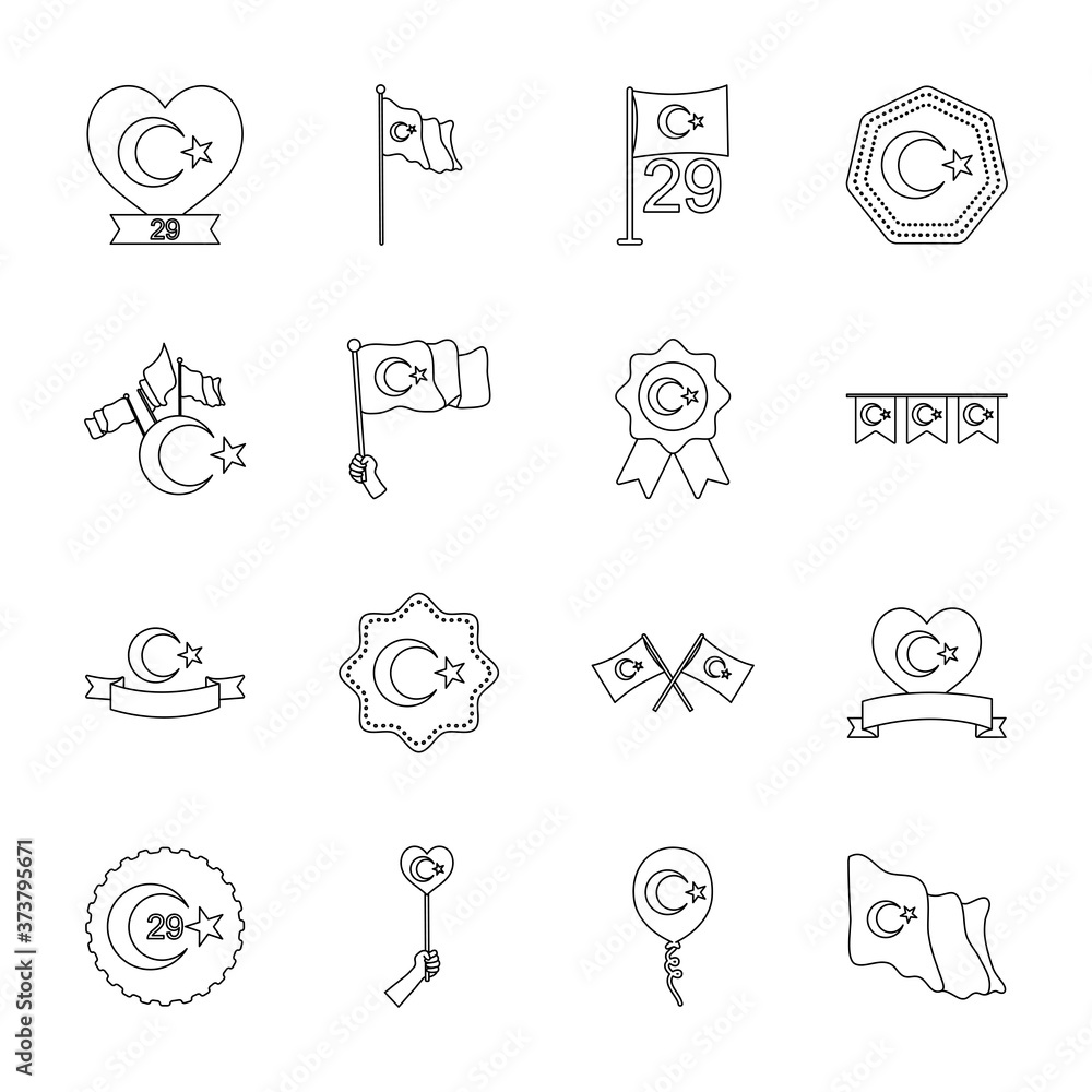 icon set of turkey republic and turkey flags, line style icon set of turkey republic and turkey flags, line style