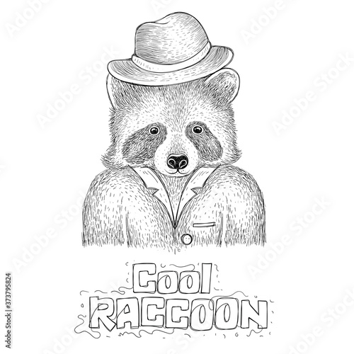 raccoon vector looks cool wearing hat, hand drawn animal illustration
