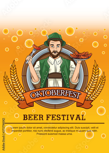 oktoberfest celebration card with german man eating sausages
