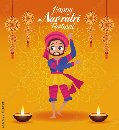 happy navratri celebration card lettering with man dancing and candles