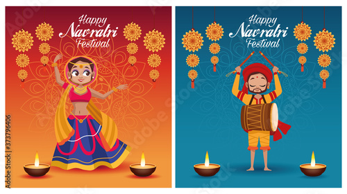 happy navratri celebration card letterings with man playing drum and woman dancing
