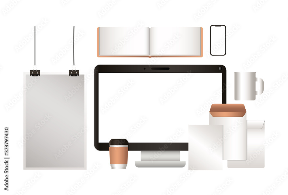 mockup computer notebook envelopes and coffee mugs of corporate identity and stationery design theme Vector illustration mockup computer notebook envelopes and coffee mugs of corporate identity and stationery design theme Vector illustration