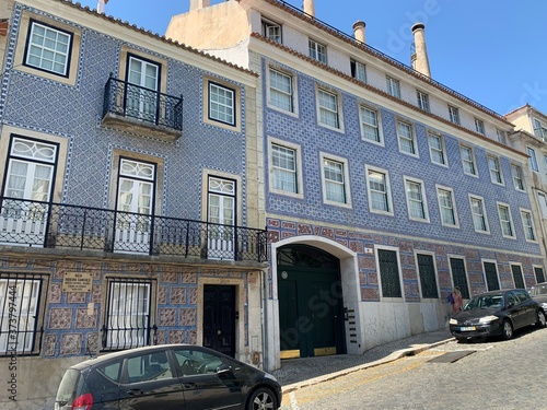 Square with typical beautiful blue building with azulejos, Lisbon center, campo de ourique, Portugal