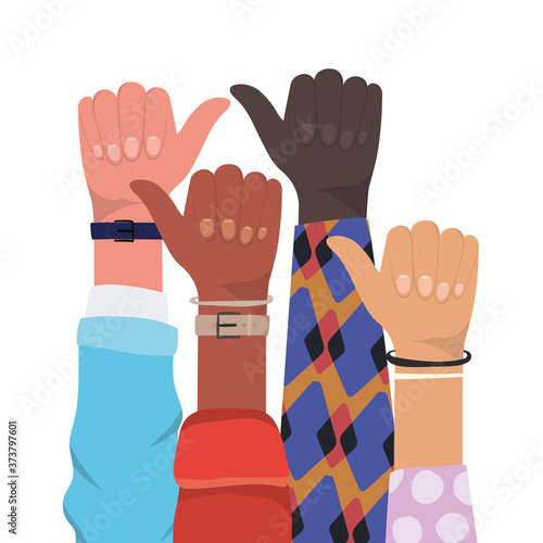like sign with hands of different types of skins design, diversity people multiethnic race and community theme Vector illustration