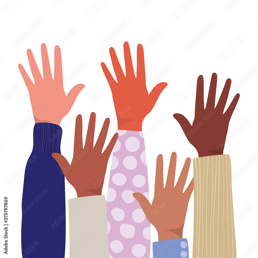 open hands up of different types of skins design, diversity people multiethnic race and community theme Vector illustration