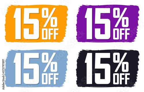 Set Sale 15% off banners, discount tags design template, extra promo, brush grunge, vector illustration