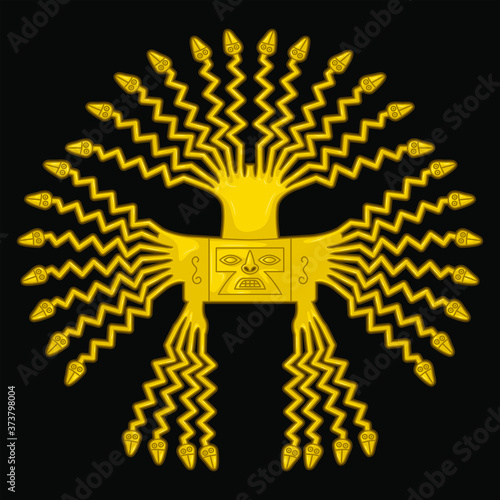 Inti. Ancient Incaic Sun god golden figure over black background. Peruvian Vector illustration. 