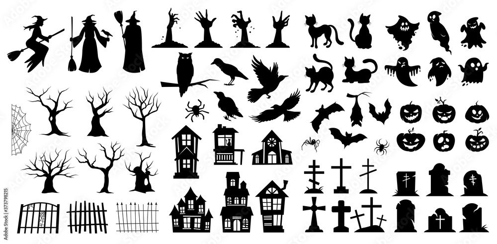 Very large set of black vector Halloween silhouettes with witches, birds, pumpkins, haunted houses, trees, ghosts and graves for use as design elements - obrazy, fototapety, plakaty 