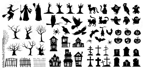 Very large set of black vector Halloween silhouettes with witches, birds, pumpkins, haunted houses, trees, ghosts and graves for use as design elements