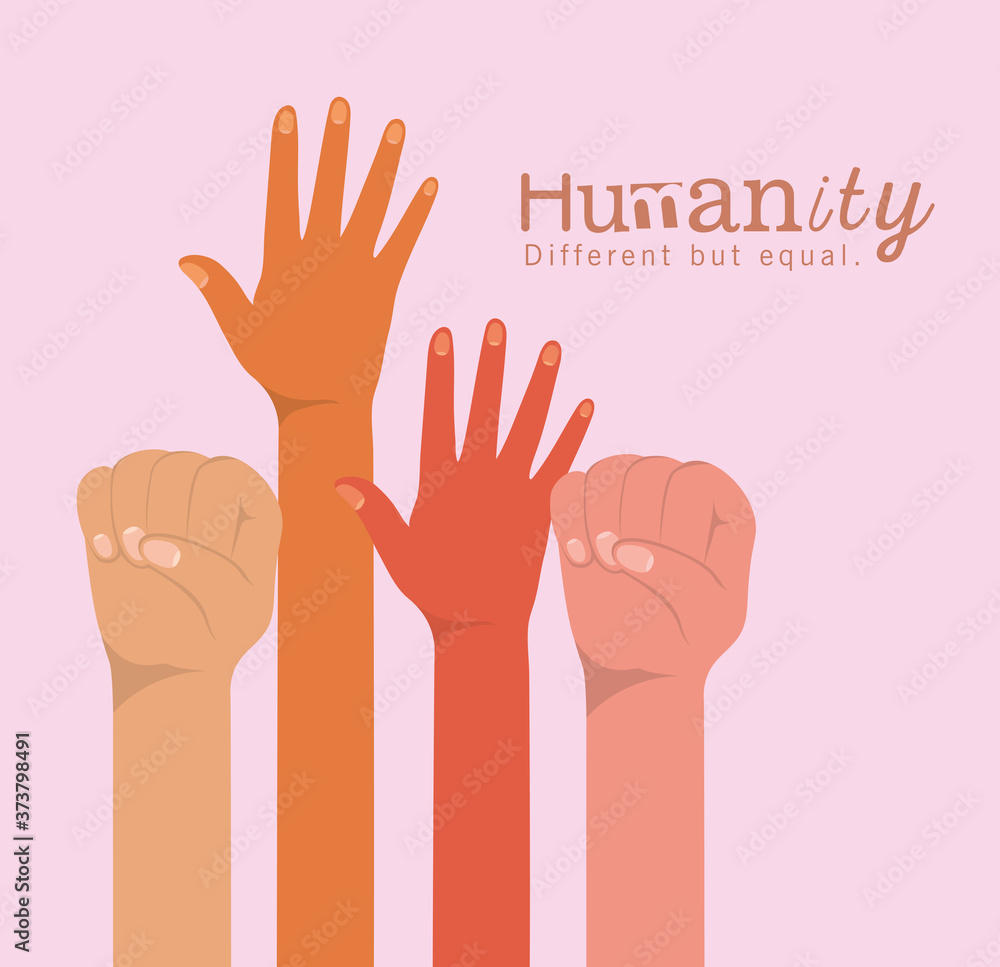 humanity different but equal and diversity hands up design, people multiethnic race and community theme Vector illustration