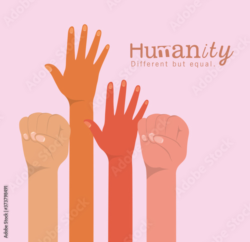 humanity different but equal and diversity hands up design, people multiethnic race and community theme Vector illustration