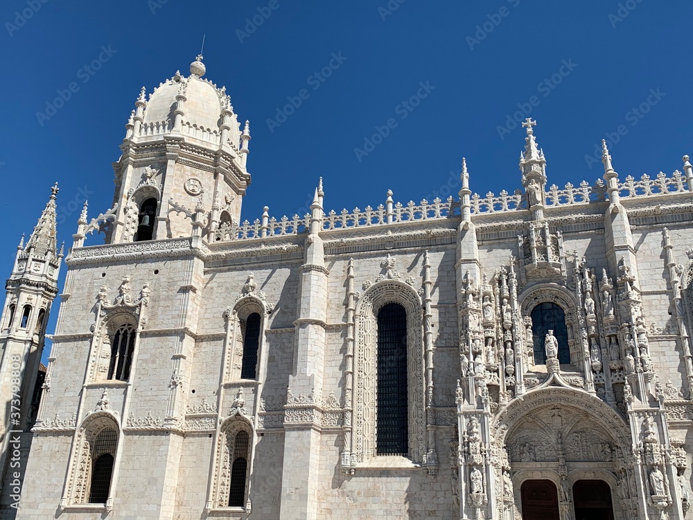 Close-up view of the facade of the beautiful Hieronymites Monastery of Jeronimos in Belem, Lisbon