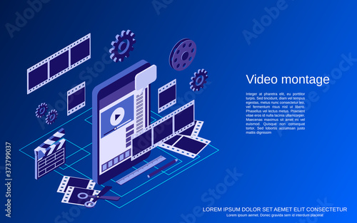 Video production, editing, montage flat 3d isometric vector concept illustration