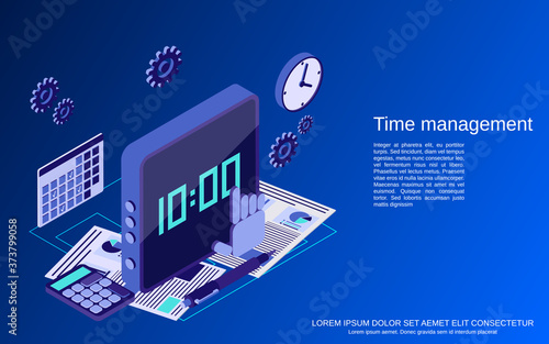 Time management, control, business planning flat isometric vector concept illustration