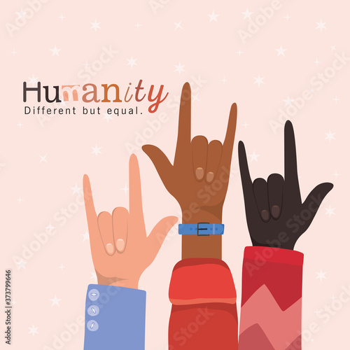 humanity different but equal and diversity rock hands up design, people multiethnic race and community theme Vector illustration
