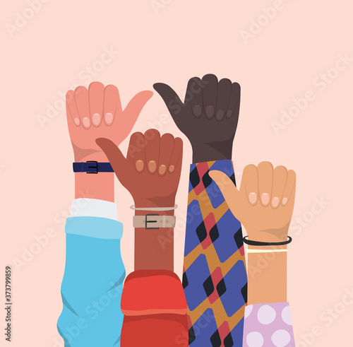 like sign with hands of different types of skins design, diversity people multiethnic race and community theme Vector illustration