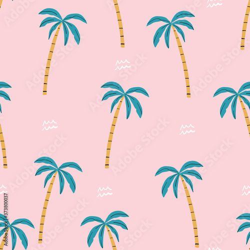 seamless pink and green palm trees pattern. repeating vector beach pattern