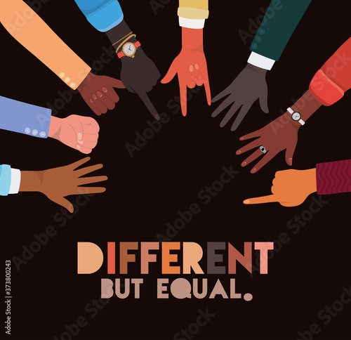 different but equal and diversity skins hands signs design, people multiethnic race and community theme Vector illustration