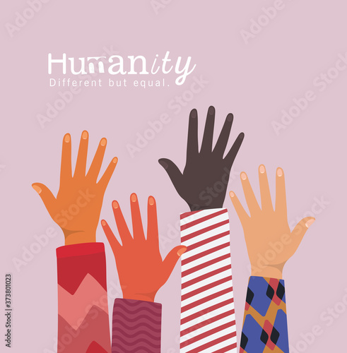 humanity different but equal and diversity hands up design, people multiethnic race and community theme Vector illustration