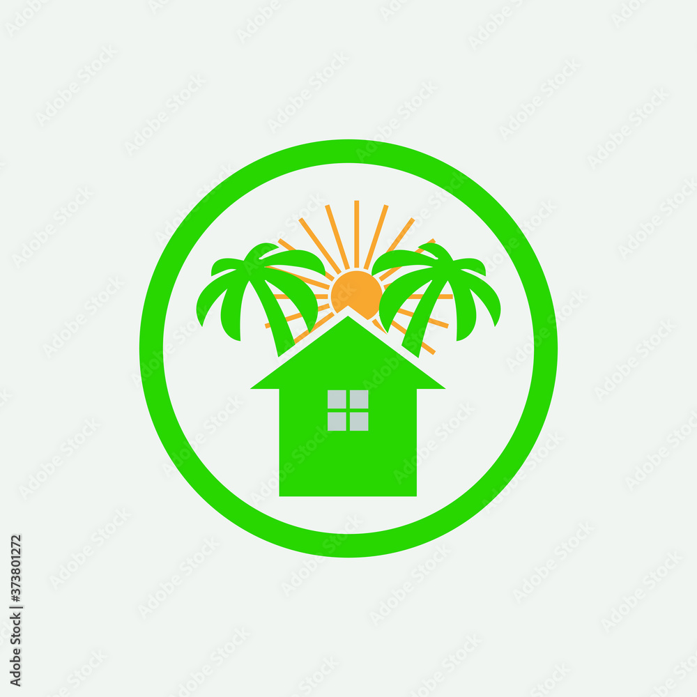 House home stay with beautiful sunrise vector logo design. Green home icon with sun. Stock illustration. House home stay with beautiful sunrise vector logo design. Green home icon with sun. Stock illustration.