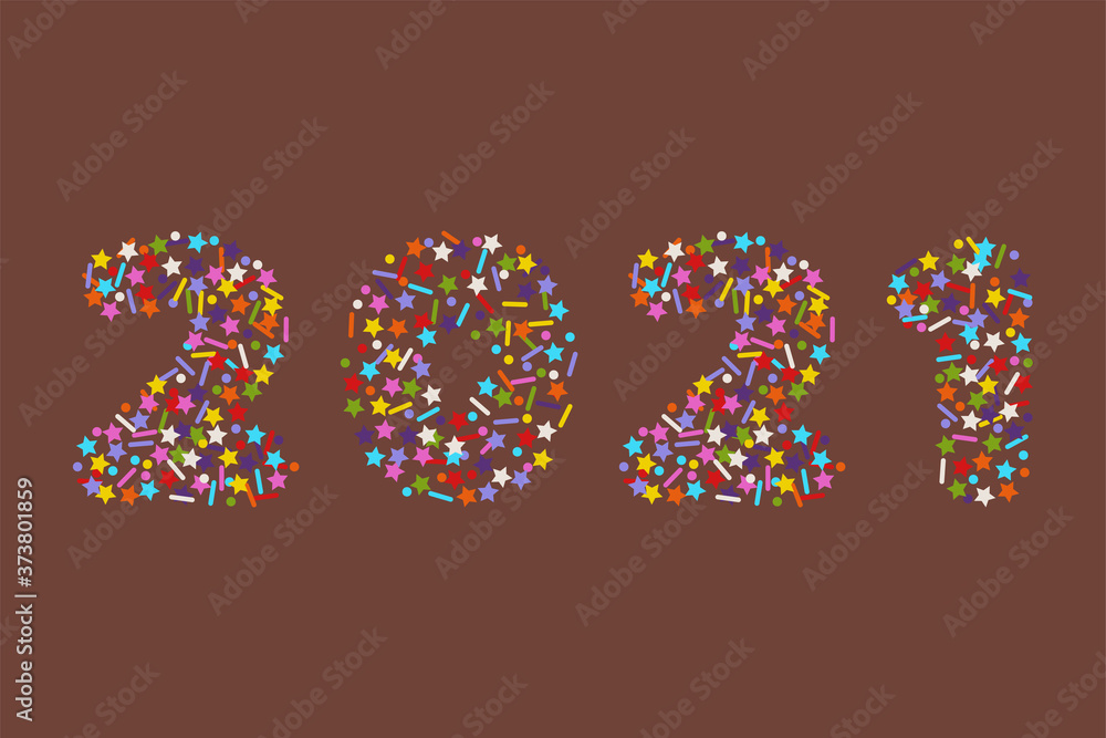 2021 numbers in flat colorful sprinkles candy topping or confetti style font, stock vector illustration clipart design element isolated on brown chocolate background for calendar, poster, flyer, card 2021 numbers in flat colorful sprinkles candy topping or confetti style font, stock vector illustration clipart design element isolated on brown chocolate background for calendar, poster, flyer, card