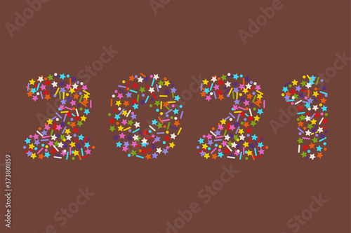 2021 numbers in flat colorful sprinkles candy topping or confetti style font, stock vector illustration clipart design element isolated on brown chocolate background for calendar, poster, flyer, card