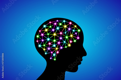 Fototapeta Naklejka Na Ścianę i Meble -  3d digital neuro glowing multicolored colorful particles lines and dots plexus structure human brain on adult people head silhouette, stock vector illustration clip art on blue gradient background