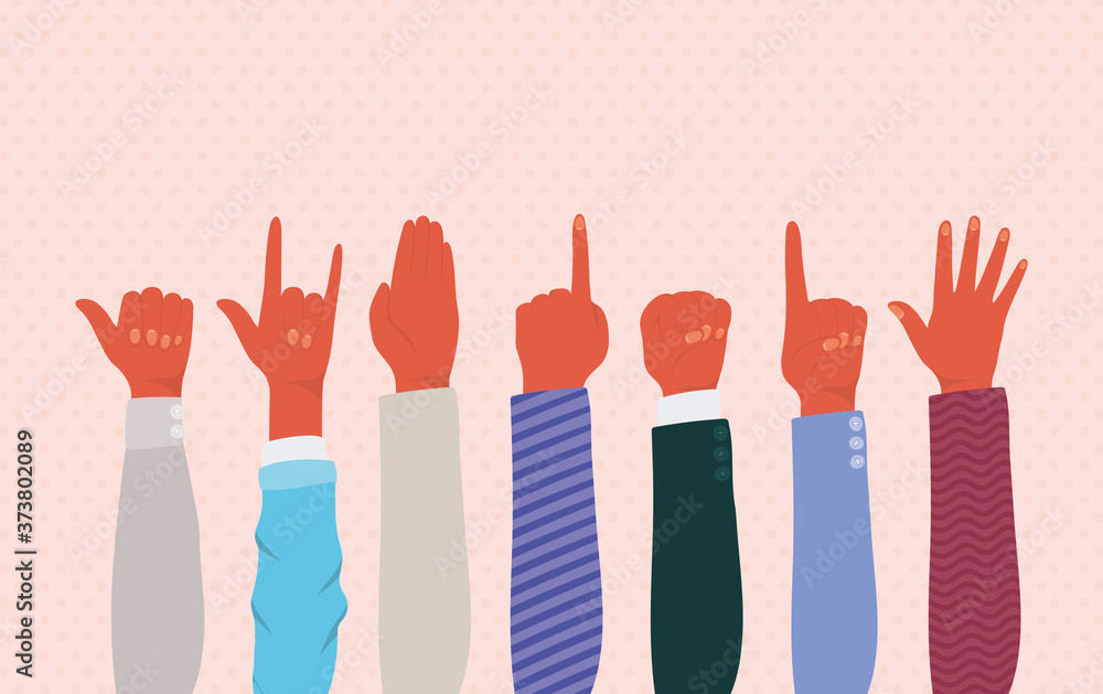 Fototapeta premium hands up of different types of skins design, diversity people multiethnic race and community theme Vector illustration