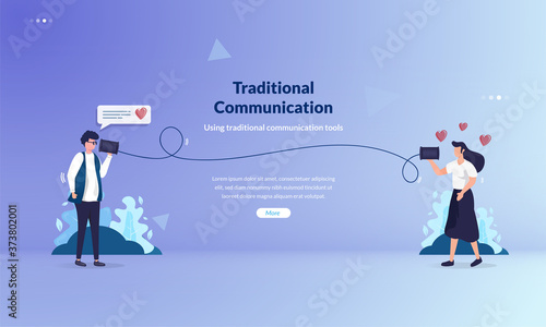 People talk using telephone cans as traditional communication media concept