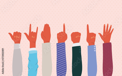 hands up of different types of skins design, diversity people multiethnic race and community theme Vector illustration