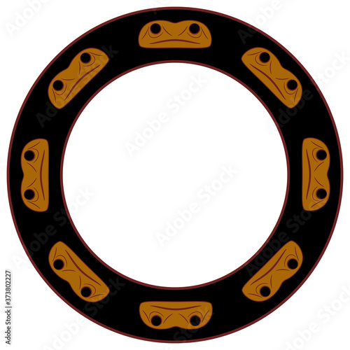 Round ethnic decor, frame or texture with Native American motifs of Haida Indians. Stylized face of frog totem.

