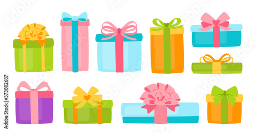 Present box flat set. Birthday cartoon boxes different shapes, ribbon bows. Traditional colorful modern gifts. Presents package collection, anniversary, celebration party. Vector illustration