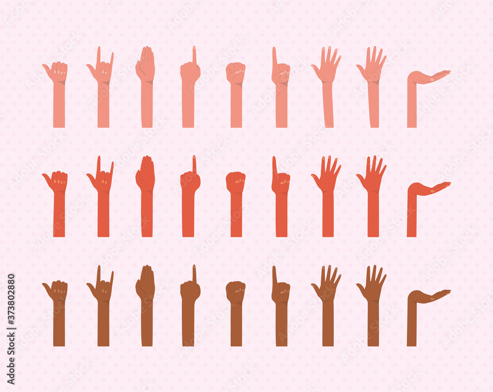 Fototapeta premium hands up of different types of skins design, diversity people multiethnic race and community theme Vector illustration