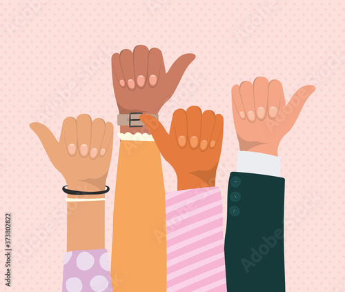 like sign with hands of different types of skins design, diversity people multiethnic race and community theme Vector illustration