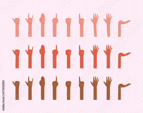 hands up of different types of skins design, diversity people multiethnic race and community theme Vector illustration