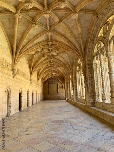 Beautiful reticulated vaulting on courtyard or cloisters of Hieronymites Monastery  Mosteiro dos Jeronimos  famous Lisbon landmark in Belem district and Unesco Heritage  PortugalPortugal