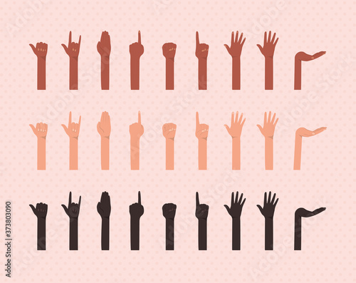 hands up of different types of skins design, diversity people multiethnic race and community theme Vector illustration