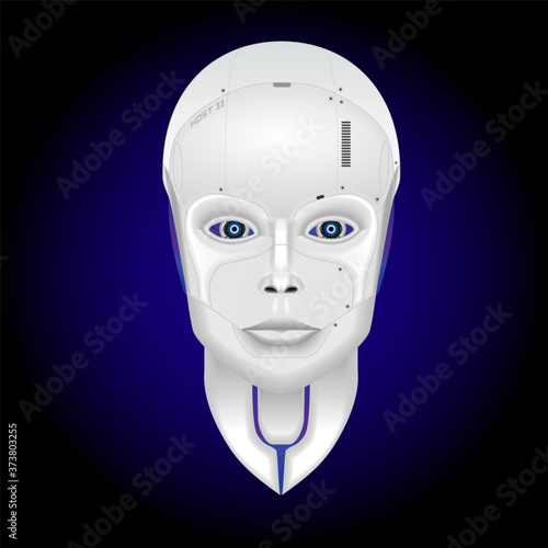 Cyborg head artificial intelligence isolated on dark background. Humanoid female robot face. Vector Illustration.