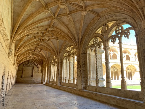 Beautiful reticulated vaulting on courtyard or cloisters of Hieronymites Monastery  Mosteiro dos Jeronimos  famous Lisbon landmark in Belem district and Unesco Heritage  Portugal