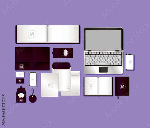 mockup set with dark purple branding of corporate identity and stationery design theme Vector illustration