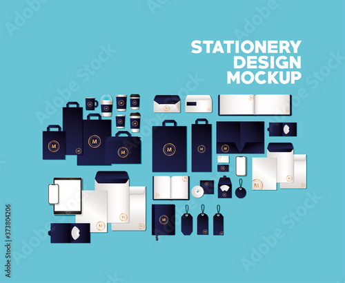 bags and mugs mockup set with dark blue branding of corporate identity and stationery design theme Vector illustration